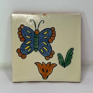 Hand Painted Ceramic Tile Blue Butterfly Orange Flower Green Leaf Folk Art 4x4
